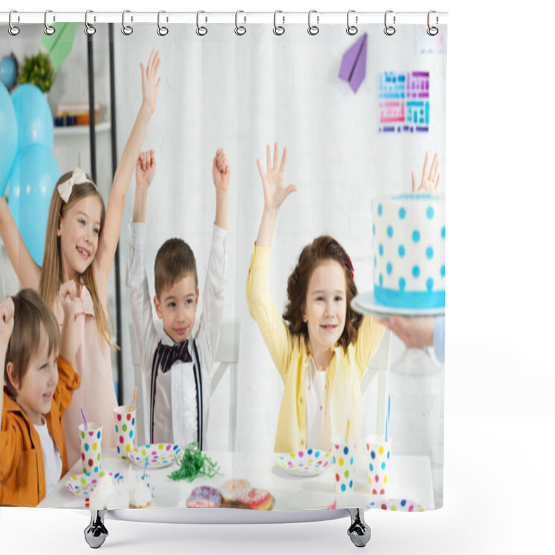 Personality  Adorable Kids Sitting At Table, Cheering And Waiting For Cake During Birthday Party Shower Curtains