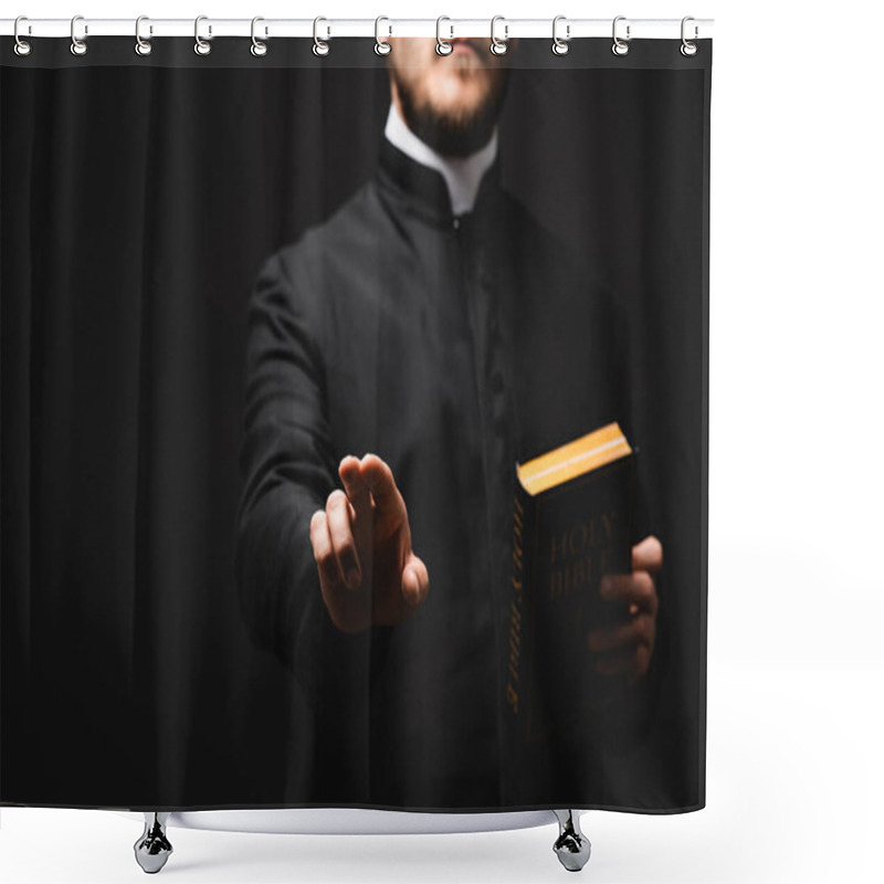 Personality  Selective Focus Of Priest Holding Holy Bible While Gesturing Isolated On Black  Shower Curtains