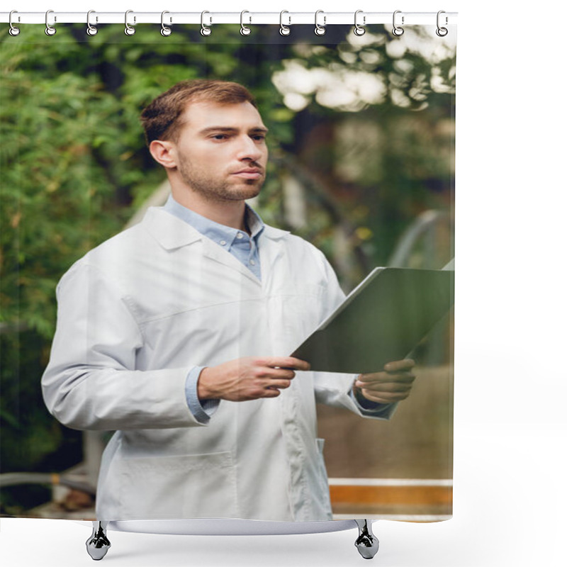 Personality  Serious Scientist In White Coat Holding Folder In Green Orangery Shower Curtains