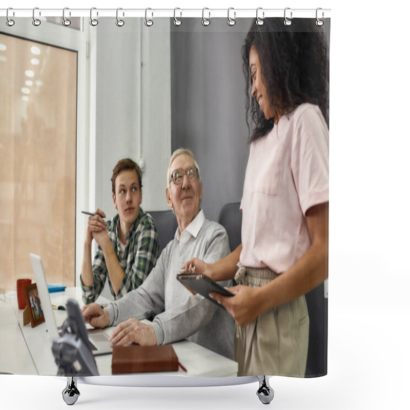 Personality  Aged Man, Senior Intern Smiling To His Young Colleague While Using Laptop, Friendly Workers Mentoring And Training New Employee, Monitoring His Progress At Work Shower Curtains