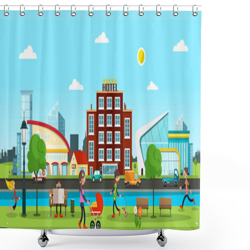 Personality  City. Vector Abstract Town With People In Park, Cars On Street, River And Comercial Buildings On Background. Shower Curtains