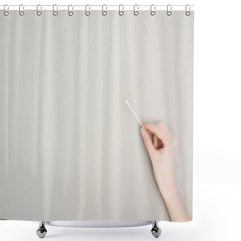 Personality  Cropped View Of Woman Holding Cotton Swab On Grey Background Shower Curtains