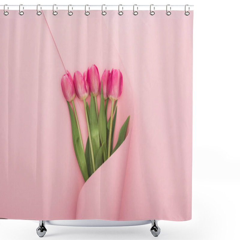 Personality  Top View Of Pink Tulips Wrapped In Paper Swirl On Pink Background Shower Curtains