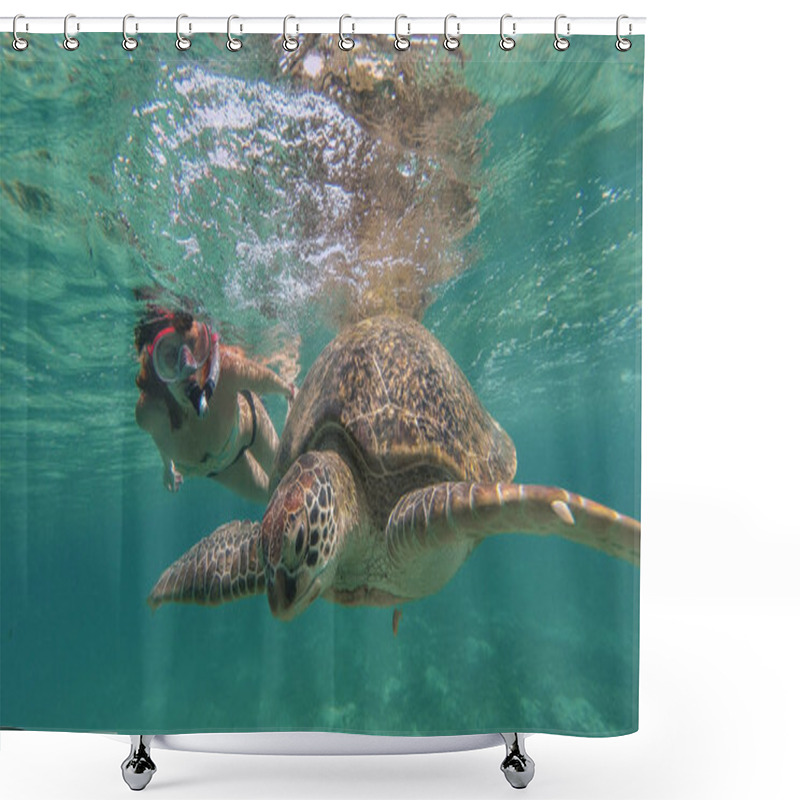 Personality  The Girl Is Swimming Next To The Sea Turtle. Red Sea. Marsa Alam Shower Curtains