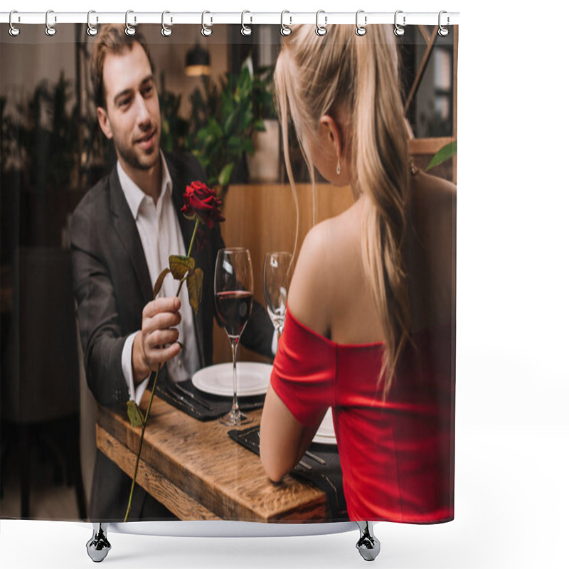 Personality  Cheerful Man Giving Red Rose To Girlfriend While Sitting In Restaurant  Shower Curtains