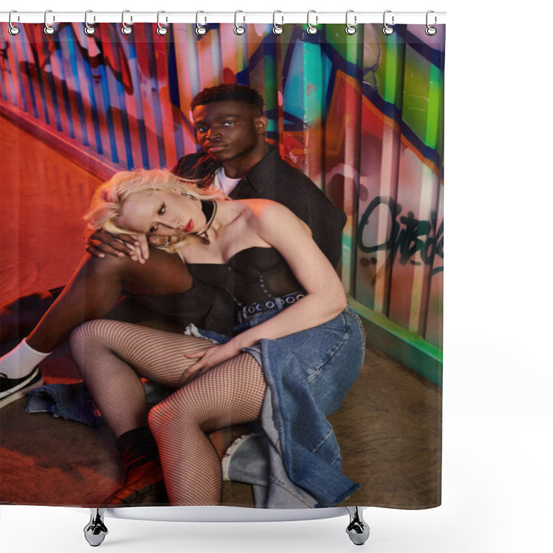 Personality  A Blonde Woman And African American Man Sit Together On A Bench In An Urban Street Surrounded By Vibrant Graffiti. Shower Curtains