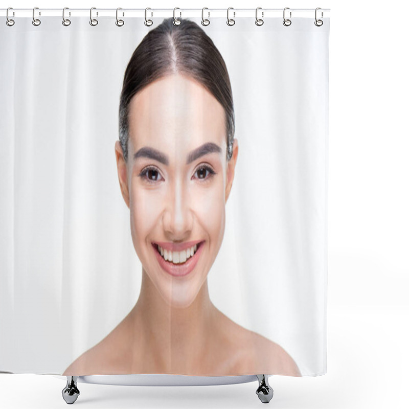 Personality  Woman Smiling And Looking At Camera Shower Curtains