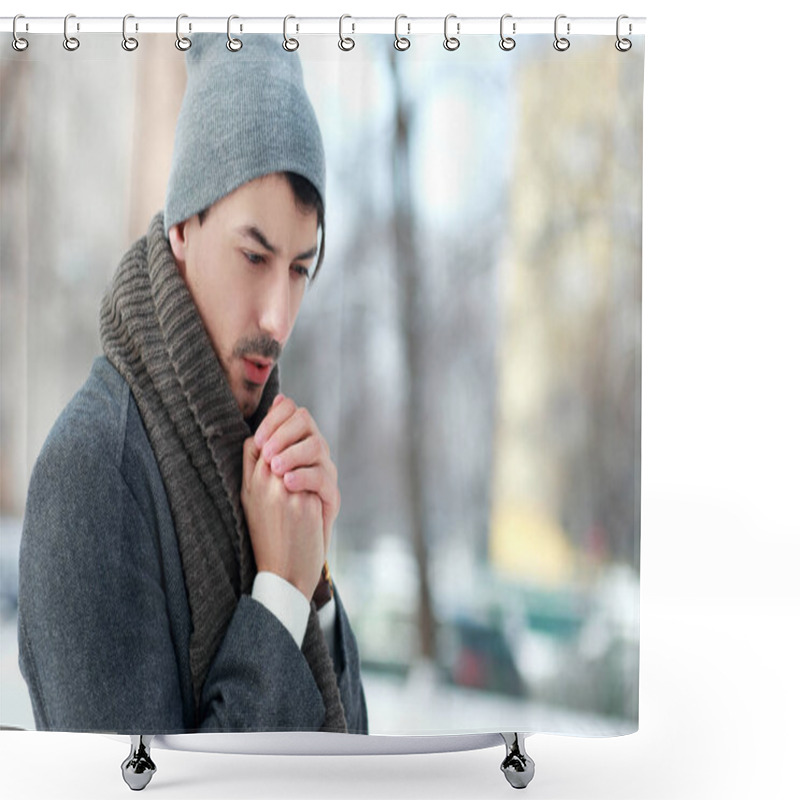 Personality  Man Breathing On His Hands Shower Curtains