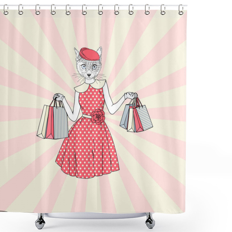 Personality  Cute Female Cat With Shopping Bags, Anthropomorphic Animal Illustration Shower Curtains