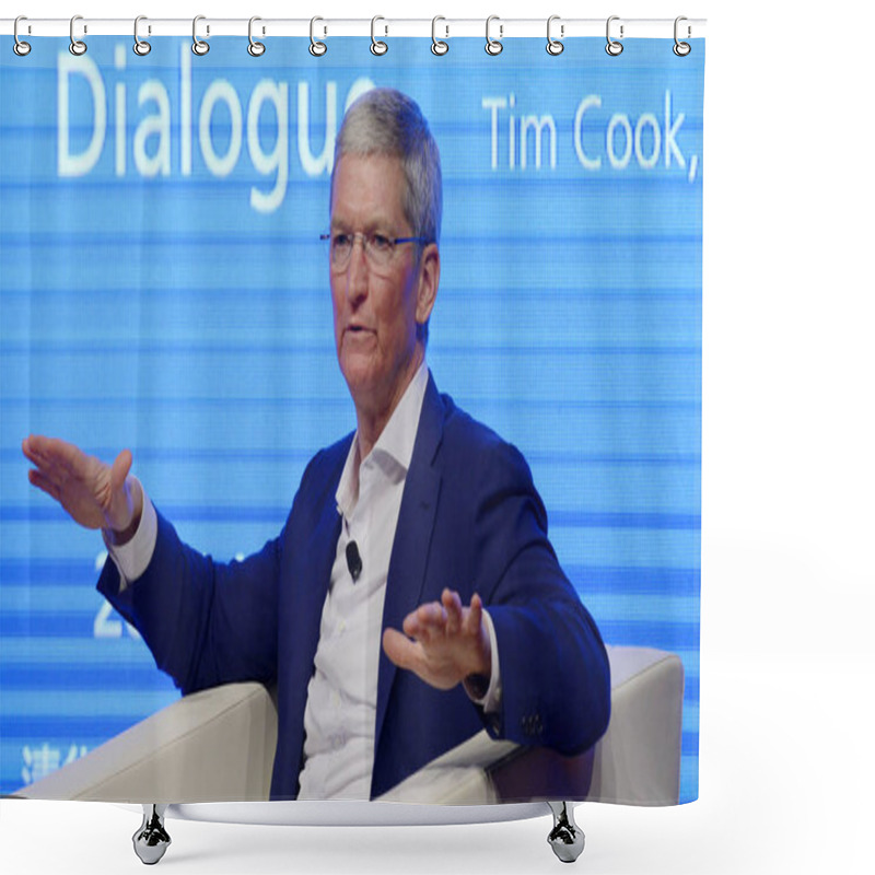 Personality  Tim Cook, CEO Of Apple Inc., Speaks At A Dialogue With Qian Ying, Dean Of The School Of Economics And Management (SEM), During The Tsinghua Management Global Forum At Tsinghua University In Beijing, China, 23 October 2014 Shower Curtains