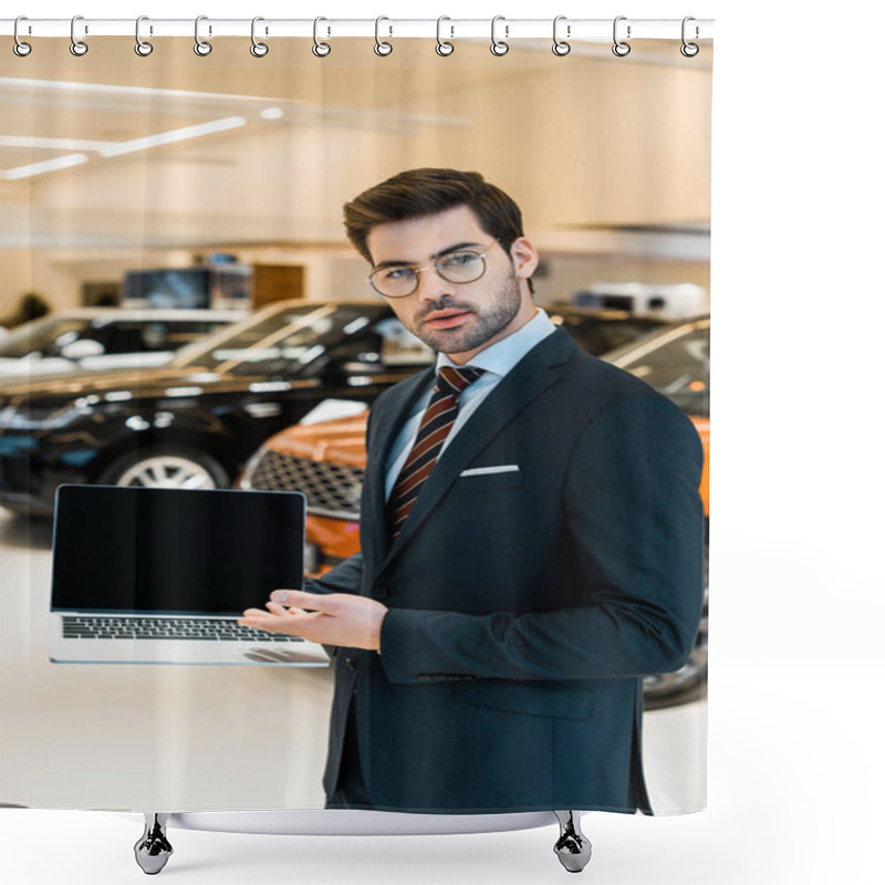 Personality  Young Male Car Dealer In Eyeglasses Pointing At Laptop With Blank Screen In Car Salon Shower Curtains