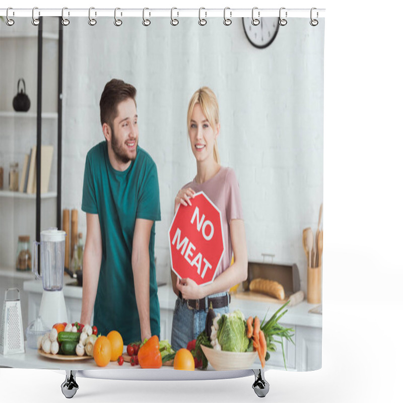 Personality  Couple Of Vegans Standing With No Meat Sign At Kitchen Shower Curtains