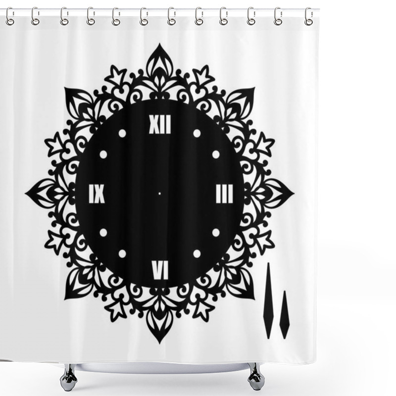 Personality  Simple Clock Face With Roman Numerals. Vector Template Of Silhouette. Dial For Laser Cut, Wood Carving, Die Cut Pattern. Illustration Isolated On White Background. Openwork Stencil With Lace Ornament. Shower Curtains