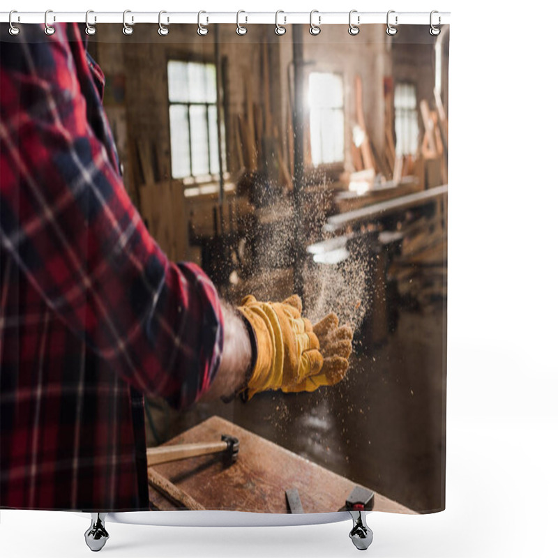 Personality  Cropped Shot Of Craftsman In Protective Gloves Shaking Off Wooden Chips From Hands At Sawmill Shower Curtains