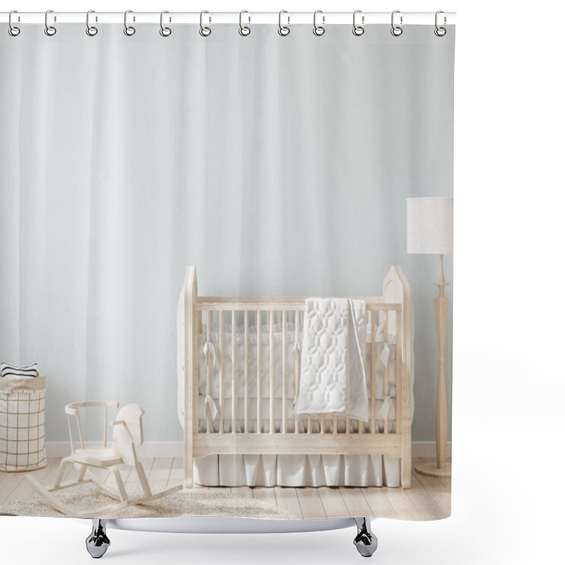 Personality  Cozy Light Blue Nursery With Natural Wooden Furniture, 3d Render Shower Curtains