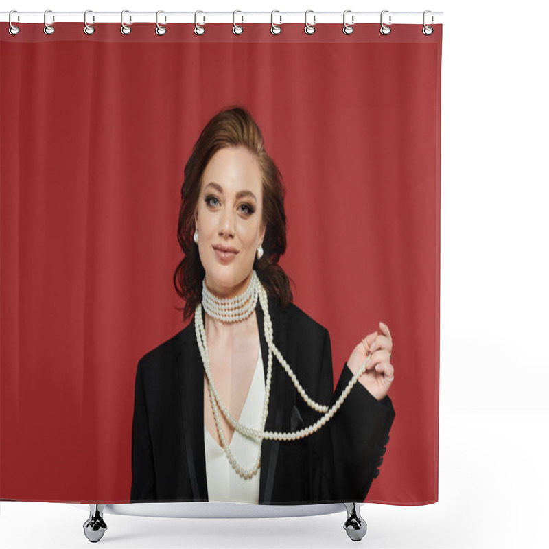 Personality  Dressed In Elegant Attire, The Young Woman Confidently Displays A Stunning Pearl Necklace. Shower Curtains