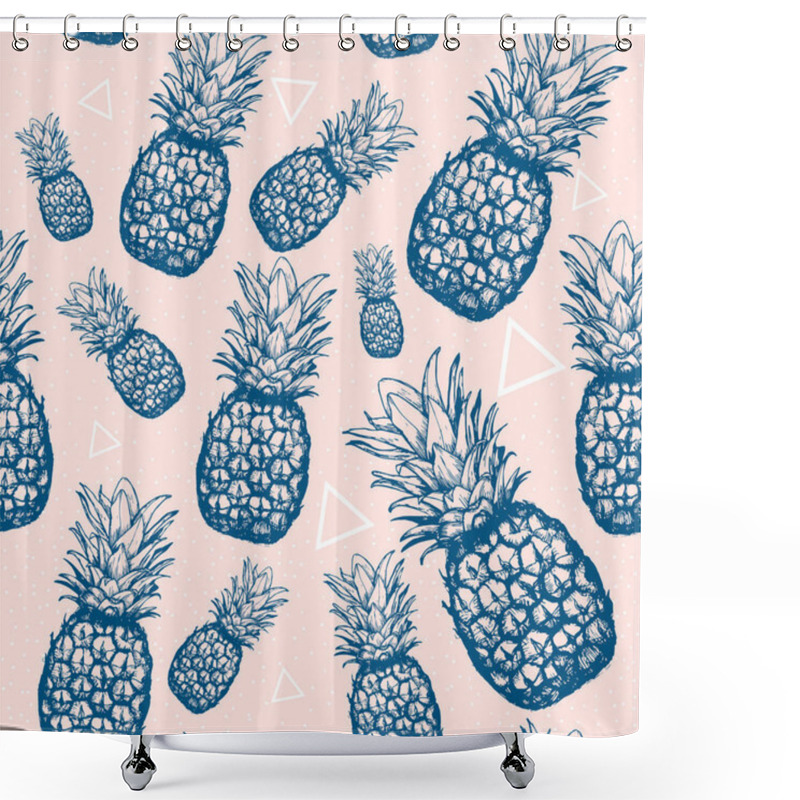 Personality  Seamless Pattern. Hand Drawn Pineapples In Pink Background. Vector Illustration. Perfect For Invitations, Greeting Cards, Wrapping Paper, Posters, Fabric Print. Shower Curtains