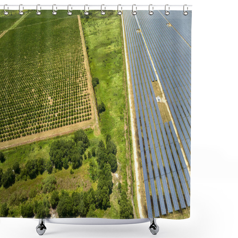 Personality  Aerial View Of Sustainable Electric Power Plant Between Agricultural Farm Fields With Solar Photovoltaic Panels For Producing Clean Electrical Energy. Renewable Electricity With Zero Emission Concept. Shower Curtains