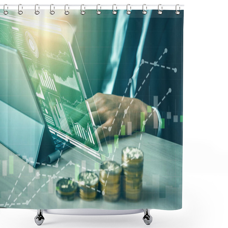 Personality  Data Analysis For Business And Finance Concept. Graphic Interface Showing Future Computer Technology Of Profit Analytic, Online Marketing Research And Information Report For Digital Business Strategy. Shower Curtains