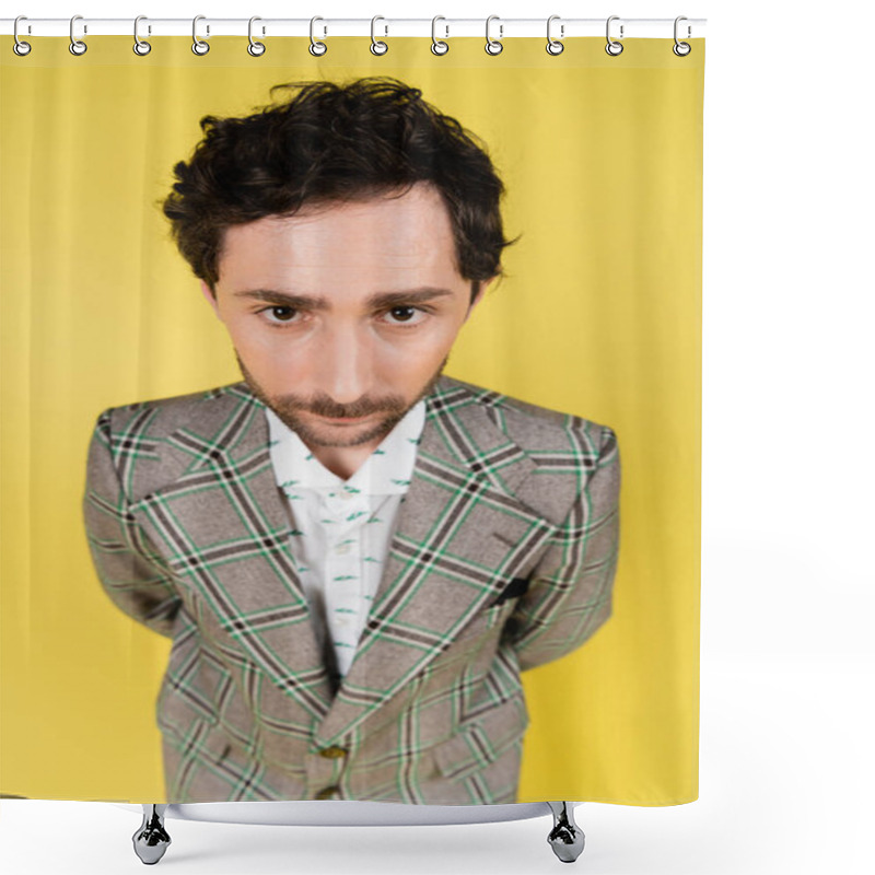 Personality  Wide Angle View Of Stylish Man Looking At Camera Isolated On Yellow   Shower Curtains