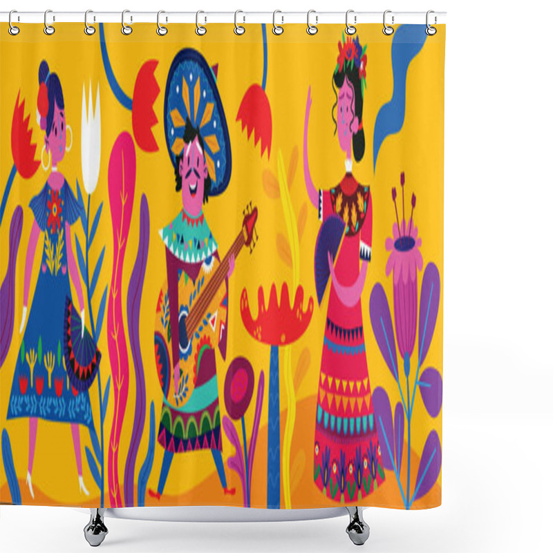 Personality  Beautiful Illustration With Mexicans Celebrate Holidays Shower Curtains