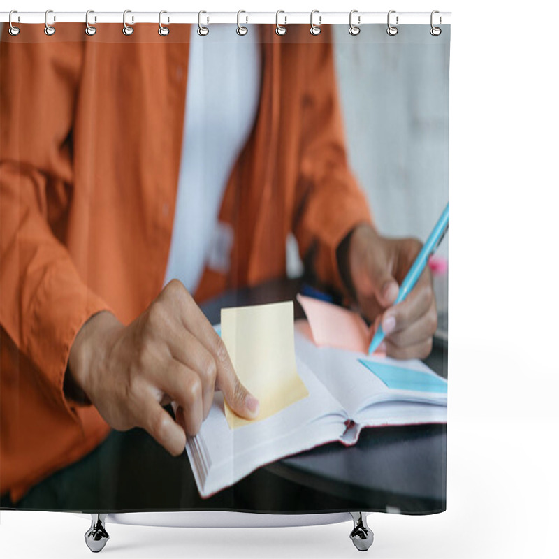 Personality  Closeup Shot Of University Student Hand Holding Pen, Sticky Note, Exam Preparation, Studying, Learning Language. Business Woman Working Start Up Project At Workplace Using Scrum For Productivity. Successful Business  Shower Curtains