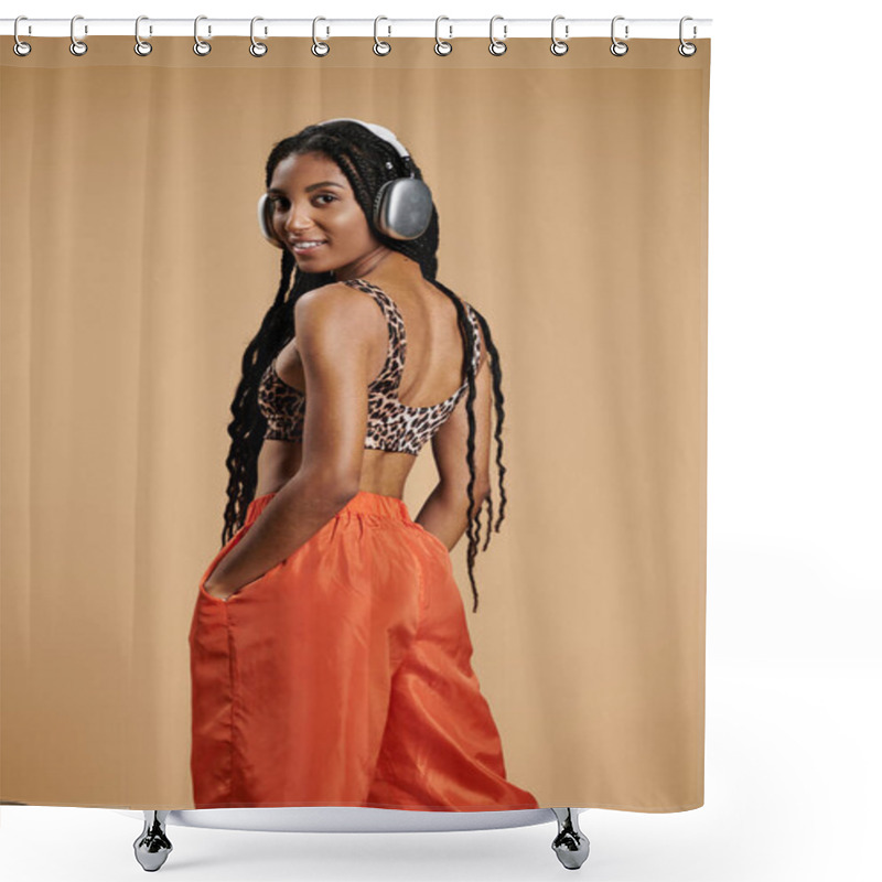 Personality  A Beautiful Young Woman In Trendy Attire Grooves To Her Favorite Tunes While Posing Confidently. Shower Curtains