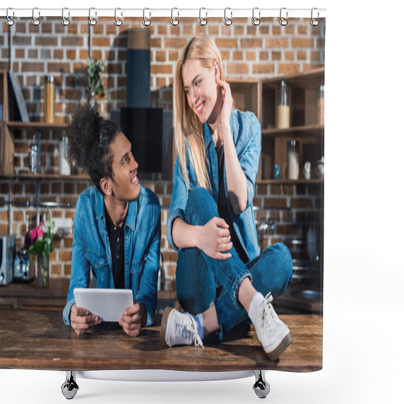 Personality  Smiling Multiethnic Couple With Tablet Looking At Each Other In Kitchen At Home Shower Curtains