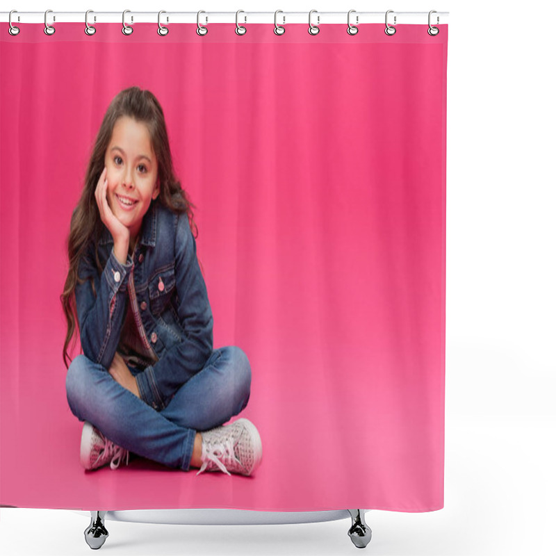 Personality  Adorable Happy Child In Denim Clothes Sitting With Hand On Chin And Smiling At Camera On Pink Shower Curtains