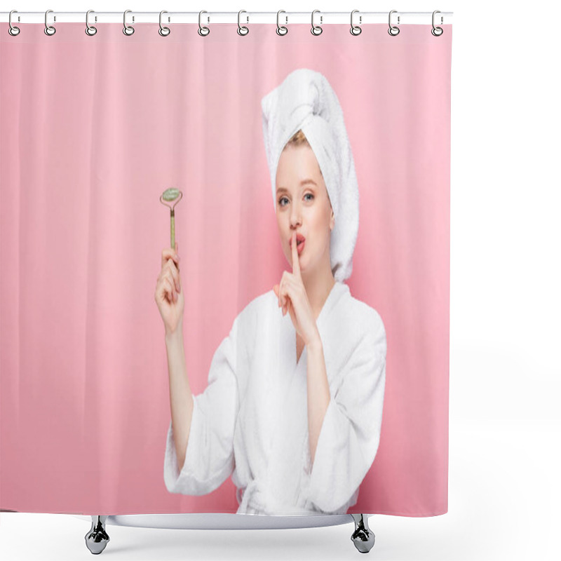 Personality  Young Woman In Bathrobe With Towel On Head Holding Jade Roller And Showing Shh Isolated On Pink Shower Curtains