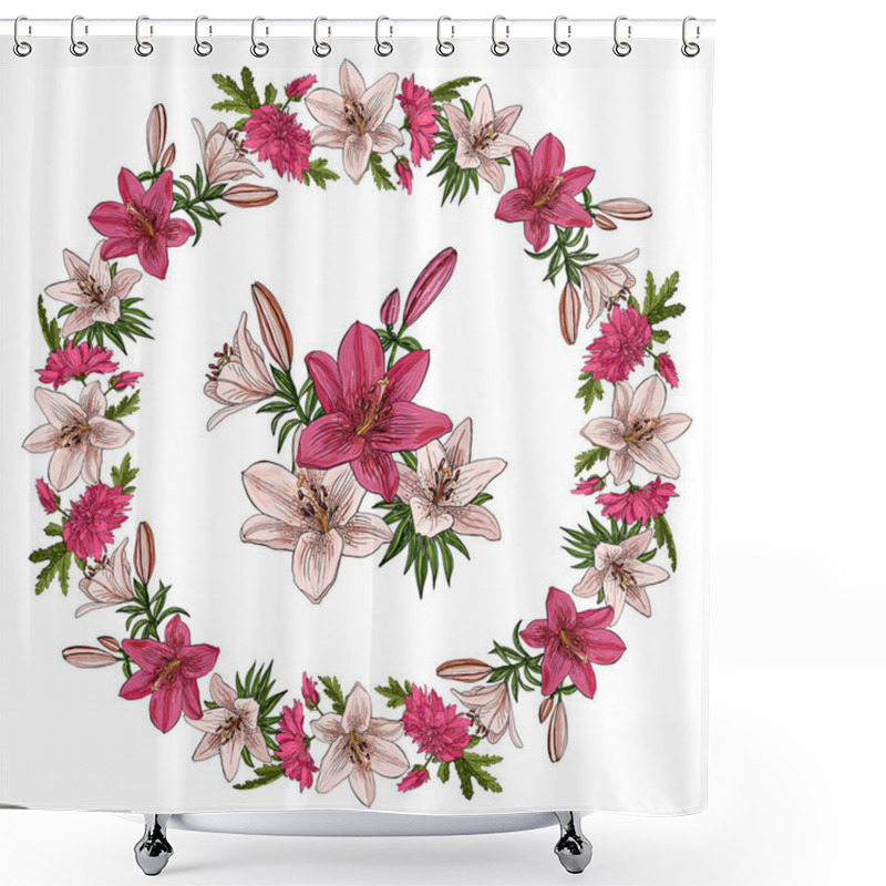 Personality  Floral Summer Elements With Tender Blooming Of Lilies On White Background Shower Curtains