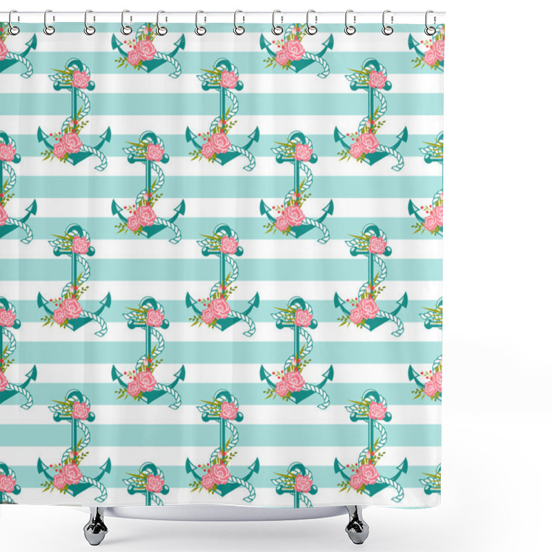 Personality  Seamless Pattern With Anchors And Flowers. Shower Curtains