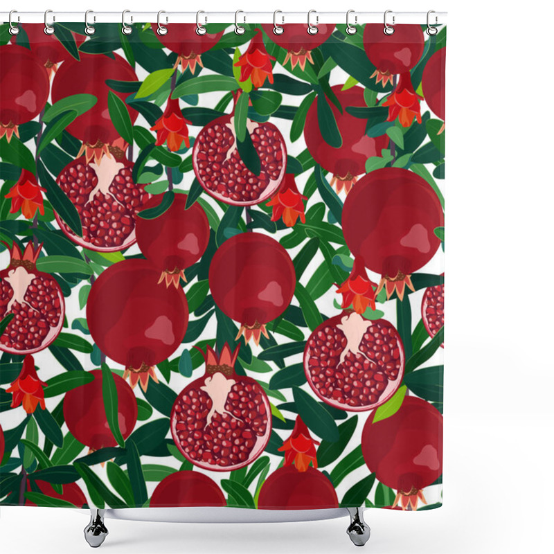 Personality  Pomegranate Tree Seamless Pattern, Branches With Fruits, Flowers And Leaves. Fresh Organic Food, Red Fruits Pattern. Vector Illustration. Shower Curtains