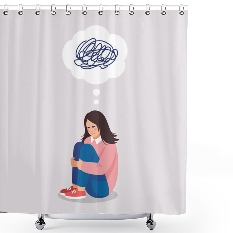 Personality  Sad Girl Is Suffers By Symptom Of Depressive Disorder, Mental Mess. Vector Illustration About Mental Problems In Flat Style. Shower Curtains