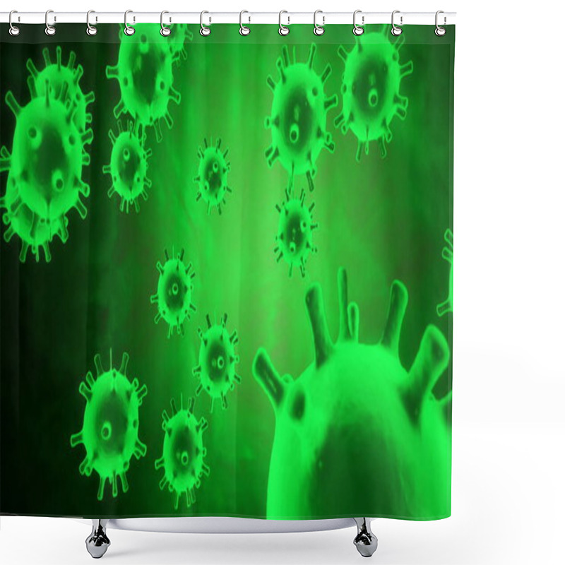 Personality  Virtual Animated Representation Of Coronavirus 2019-nCoV Pathogen Cells Inside Infected Organism Shown As Green Spherical Microorganisms Moving On A Black Background. Abstract 3d Rendering 4K Video. Shower Curtains