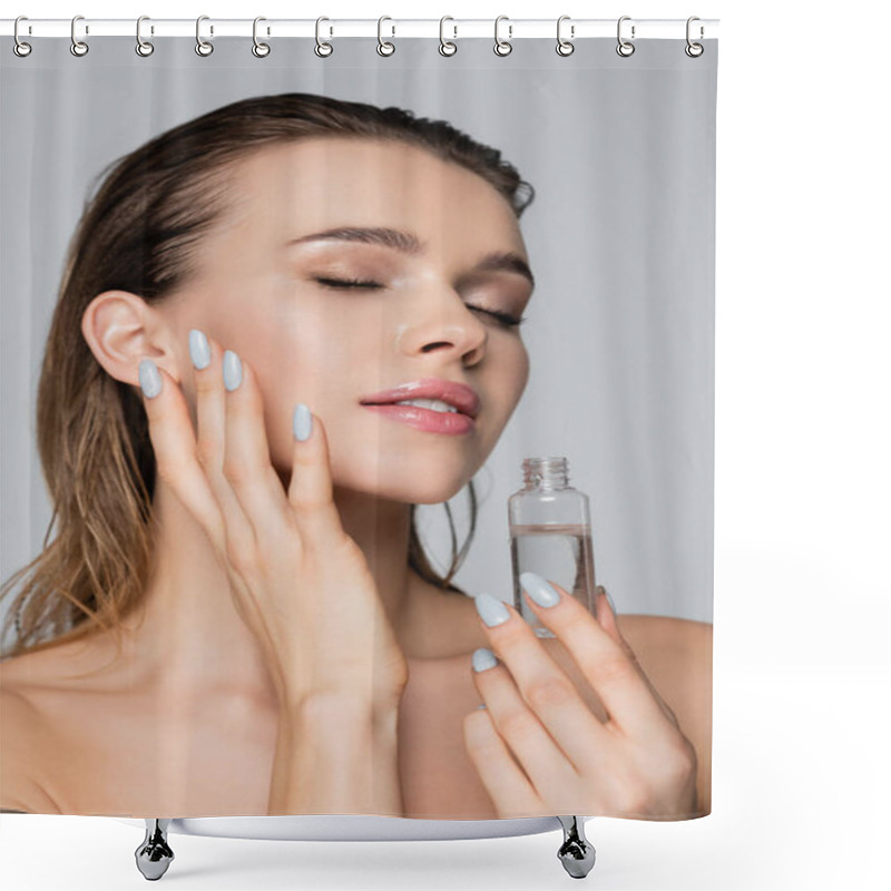 Personality  Young Woman With Wet Hair And Closed Eyes Applying Cosmetic Oil Isolated On Grey Shower Curtains