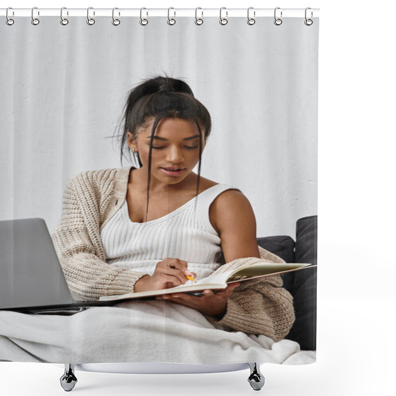 Personality  A Young Woman Studies Intently From The Comfort Of Her Home, Surrounded By Coziness. Shower Curtains