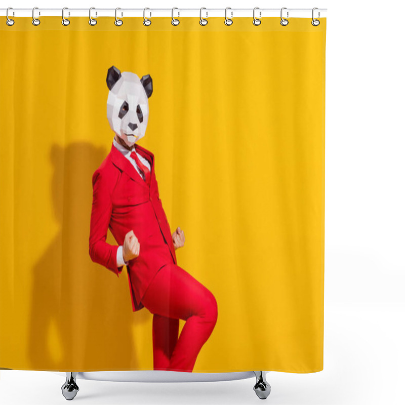 Personality  Photo Of Astonished Triumphant Guy Rejoice Wear Panda Mask Red Suit Tie Isolated On Yellow Color Background Shower Curtains