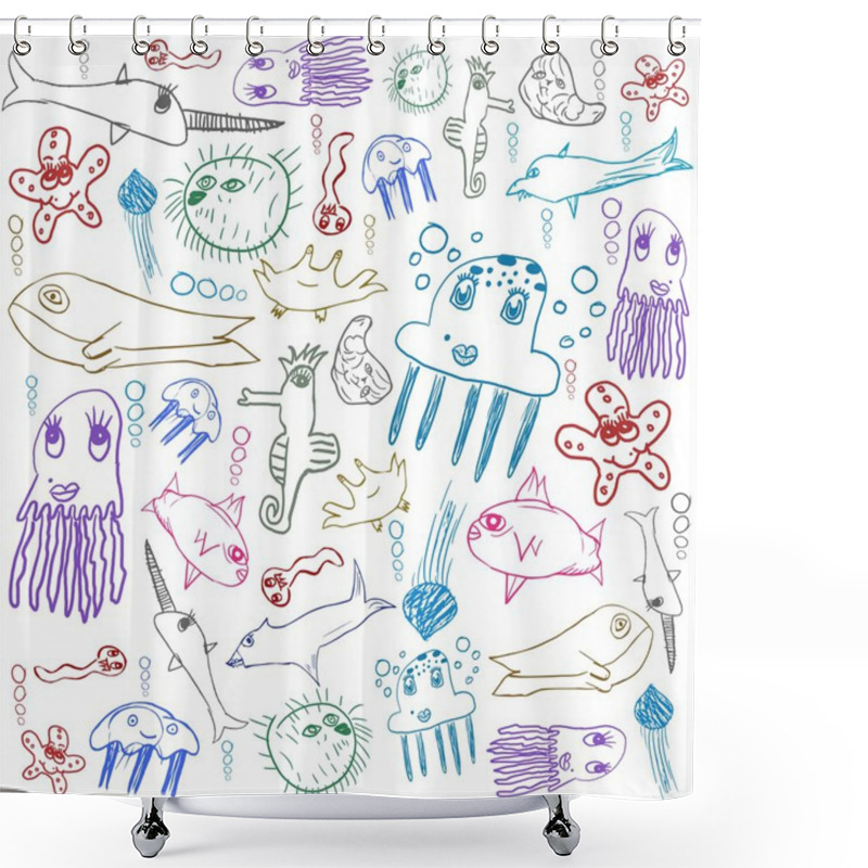 Personality  Sea Creatures, Child Drawing Seamless Background Shower Curtains