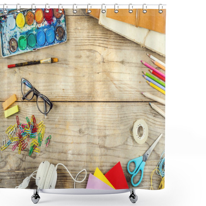 Personality  Desk Lots Of Stationery Objects Shower Curtains