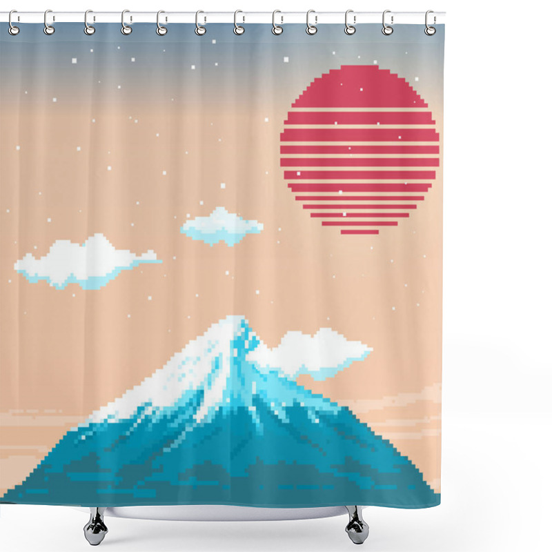 Personality  Pixel Fuji Mountain At Sunset And The Red Sun. Japan. Pixel Art 8 Bit. Shower Curtains