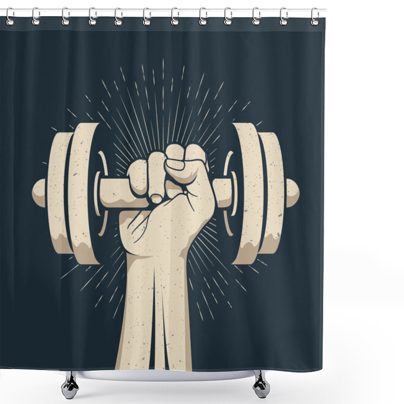 Personality  Strong Bodybuilder Man Arm Holding Dumbbell Doing Lift Exercise Isolated On Dark Background. Sport Gym Workout Fitness Concept. Vector Illustration. Shower Curtains