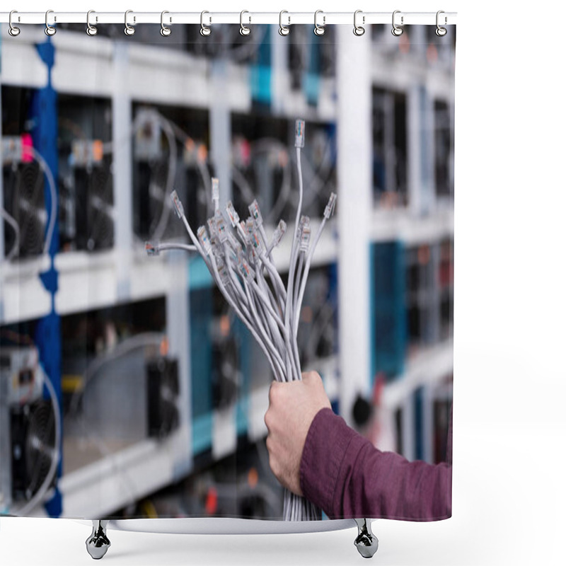 Personality  Cropped Shot Of Computer Engineer Holding Ethernet Wires At Cryptocurrency Mining Farm Shower Curtains