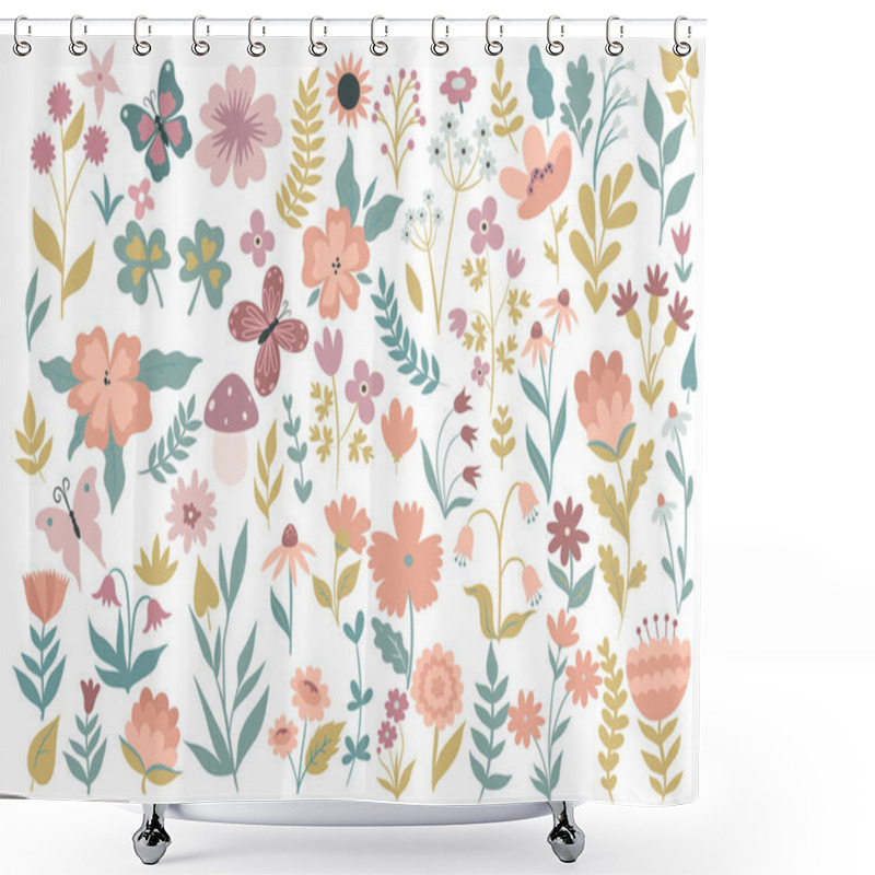 Personality  Set Of Simple Flowers And Twigs Isolated On A White Background. Vector Image. Shower Curtains