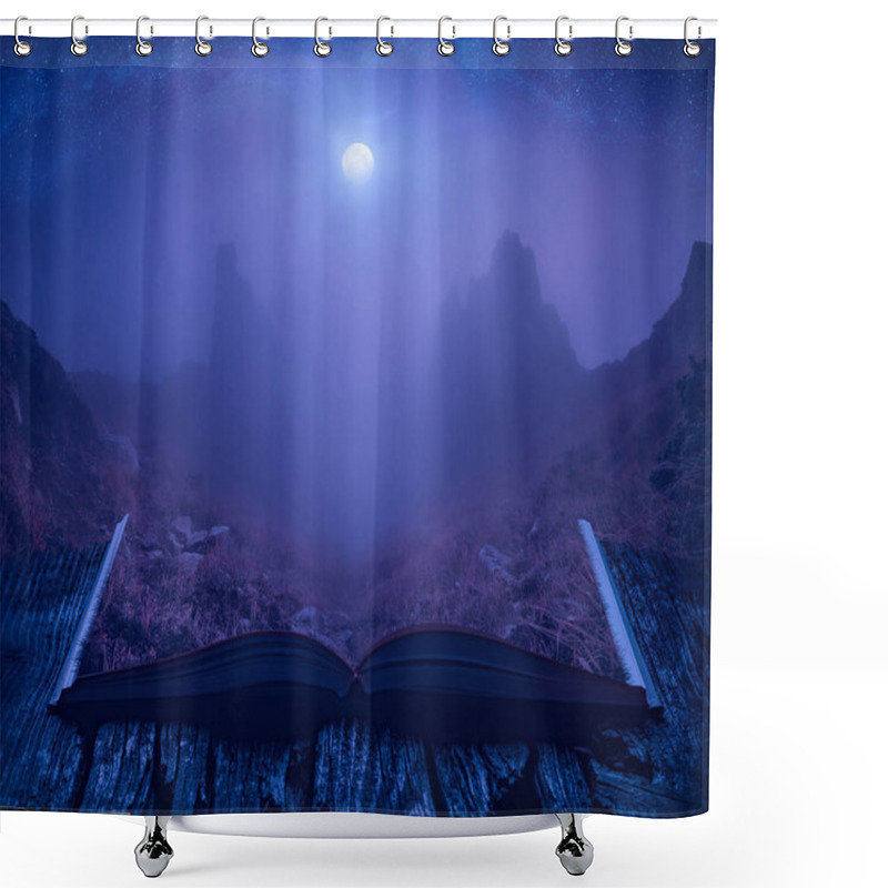 Personality  Night In A Mountain Valley On The Pages Of An Open Magical Book. Majestic Landscape. Nature And Education Concept. Shower Curtains