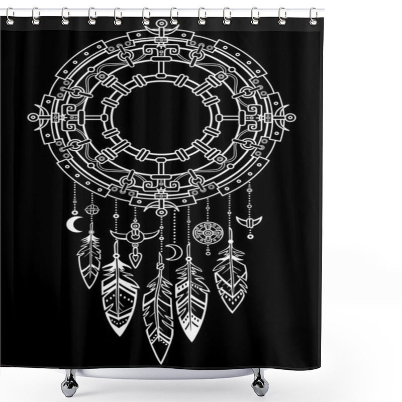 Personality  Decorative Mystical Circle With A Beads And Ethnic Jewelry.Linear Drawing, The Isolated White Contour On A Black Background. Vector Illustration. Shower Curtains