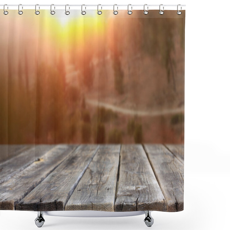 Personality  Rustic Wooden Planks In Front Of Forest Landscape In Sunset Shower Curtains