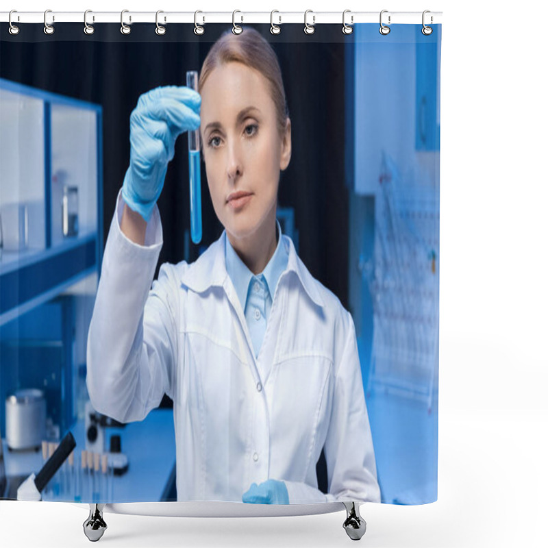 Personality  Laboratory Technician Looking At Tube With Reagent Shower Curtains