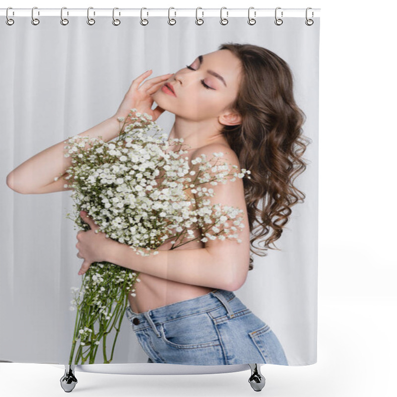 Personality  Shirtless Brunette Woman Posing With Flowers Isolated On Grey  Shower Curtains