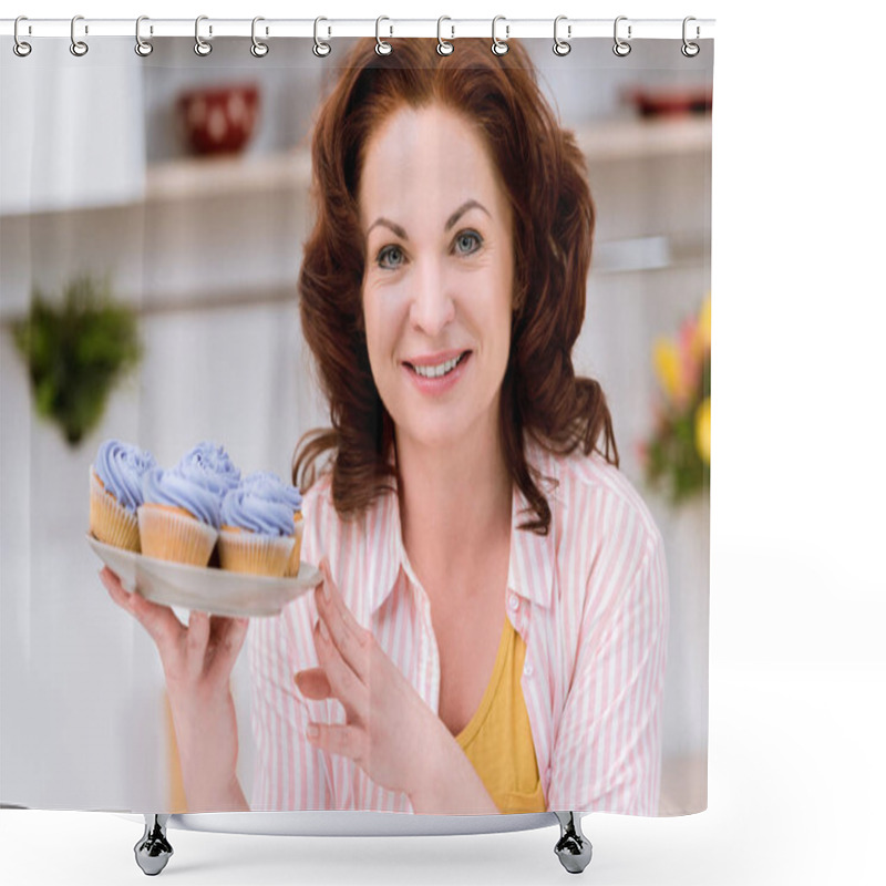 Personality  Close-up Portrait Of Beautiful Mature Woman With Plate Of Blueberry Cupcakes At Kitchen Shower Curtains